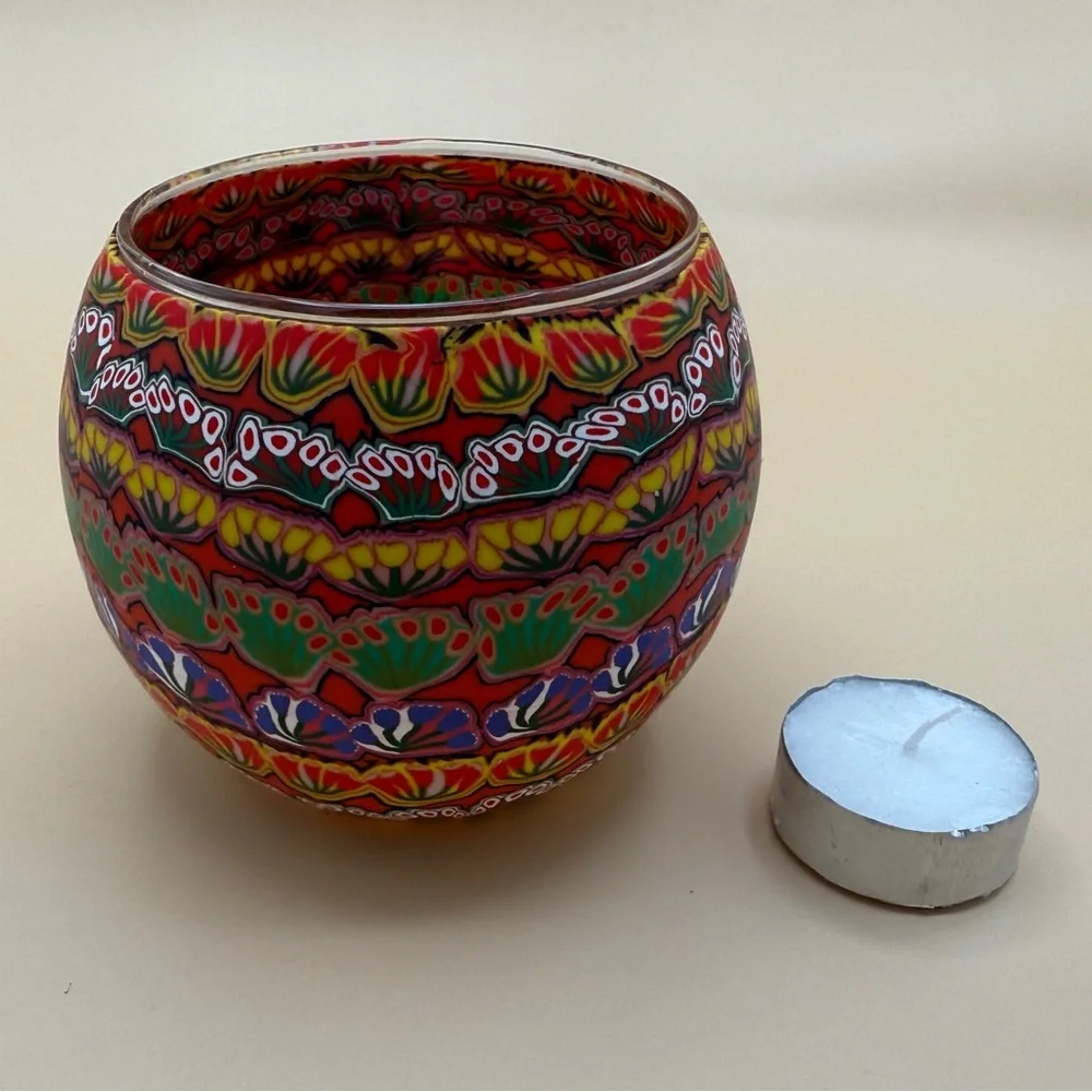 Tea Light candle holder. Australian Aboriginal vibrant boho design